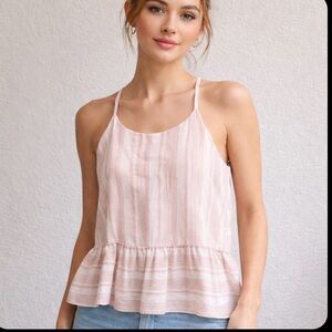 Karlie Striped Cotton Blend Sleeveless Babydoll Top Pink Cream Small Beach Boho